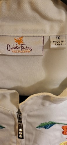 Quacker Factory Embroidered White Jacket Pink Sequin Butterflies Flowers 1X. - Picture 7 of 13