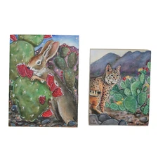 Vic Hollins Painting x 2 Jack Rabbit Bobcat Prickly Pear Desert Cactus Original