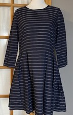 Y2K Gap Pleated Dress Women’s 10 Navy Gray Stripes Long Sleeve Preppy Nautical