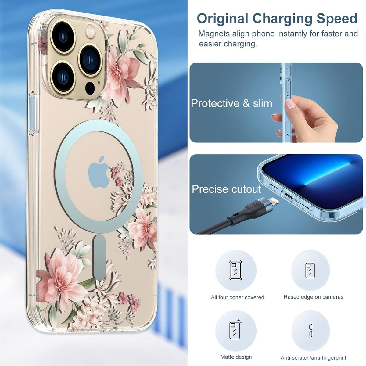 For iPhone 17 Pro Max 15 16 13 Mag Safe Magnetic Clear Flower