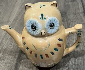 Vintage Teapot Yellow Lusterware Owl Glazed Porcelain Buff Owl China Bird Tea