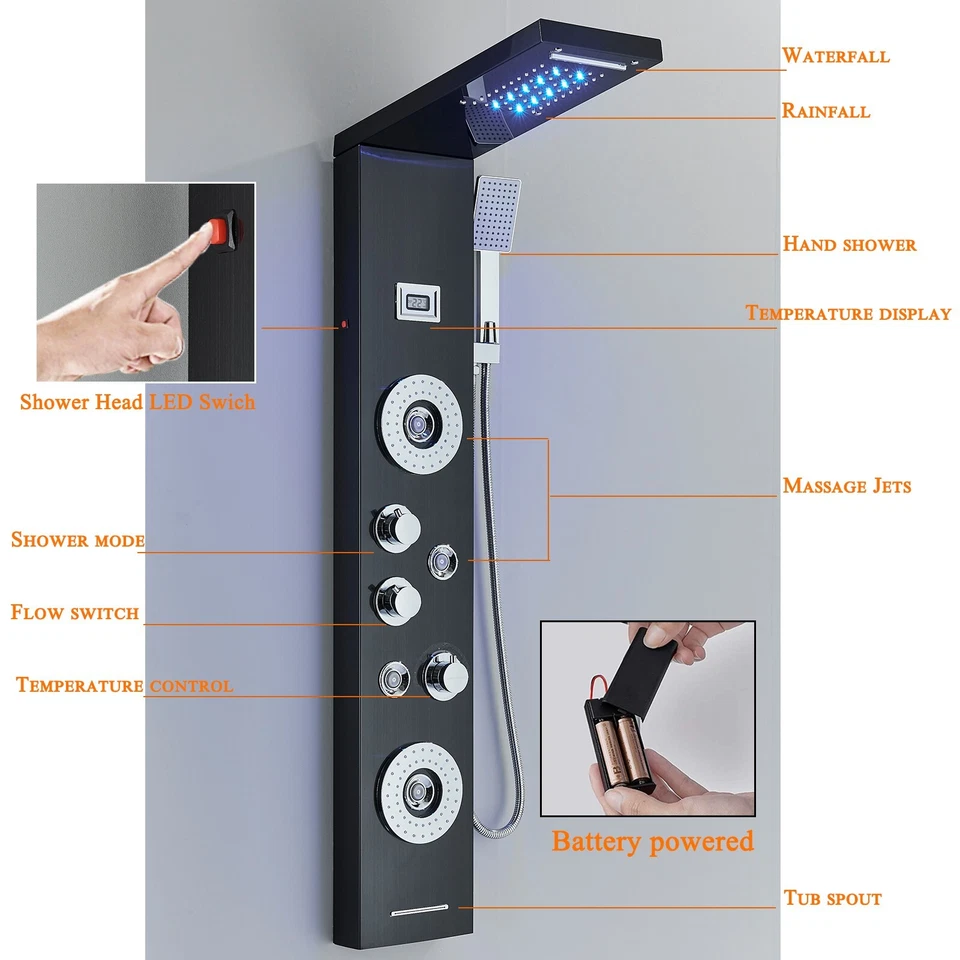 Panel de ducha LED de acero inoxidable para lluvia y cascada sistema de torre chorros corporales de masaje Foto 2 de 4
