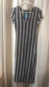 navy and white vertical striped dress