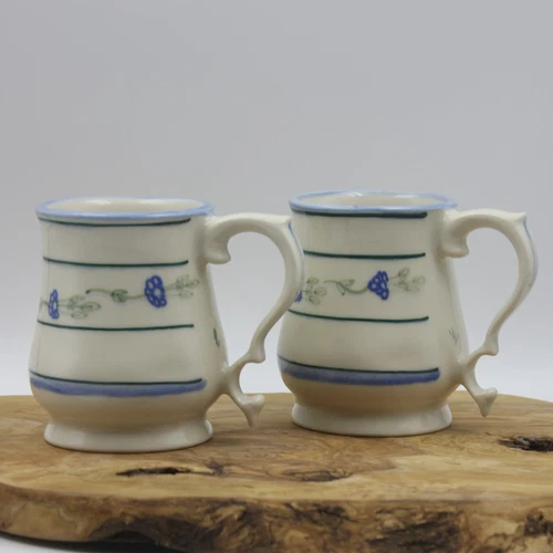Vintage Princess House Stoneware Coffee Mugs - Blue Floral Design - Set of 2
