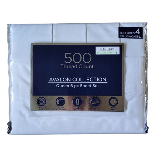 Queen 6 pc White Sheet Set 500 Thread Count Cotton by Avalon Collection - Picture 7 of 9