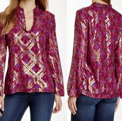 Tory Burch Pink Hastings Gold Lame Plaid Silk Chiffon Tunic Top Blouse Sz 6 EUC