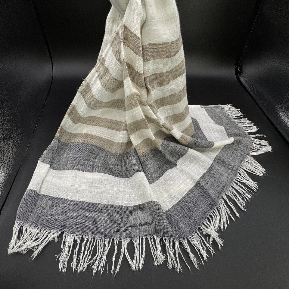 CEJON Woven Fringed Cream Tan Black 100% Rayon Striped Scarf 26" w x 72" l - Image 3 of 4