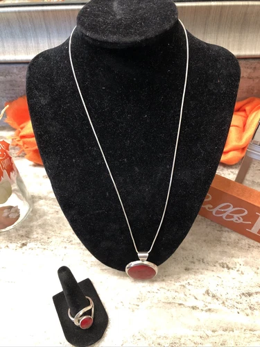 Vtg Mexico .925 Sterling Silver Oval Red Jasper Style Pendant Necklace & Ring
