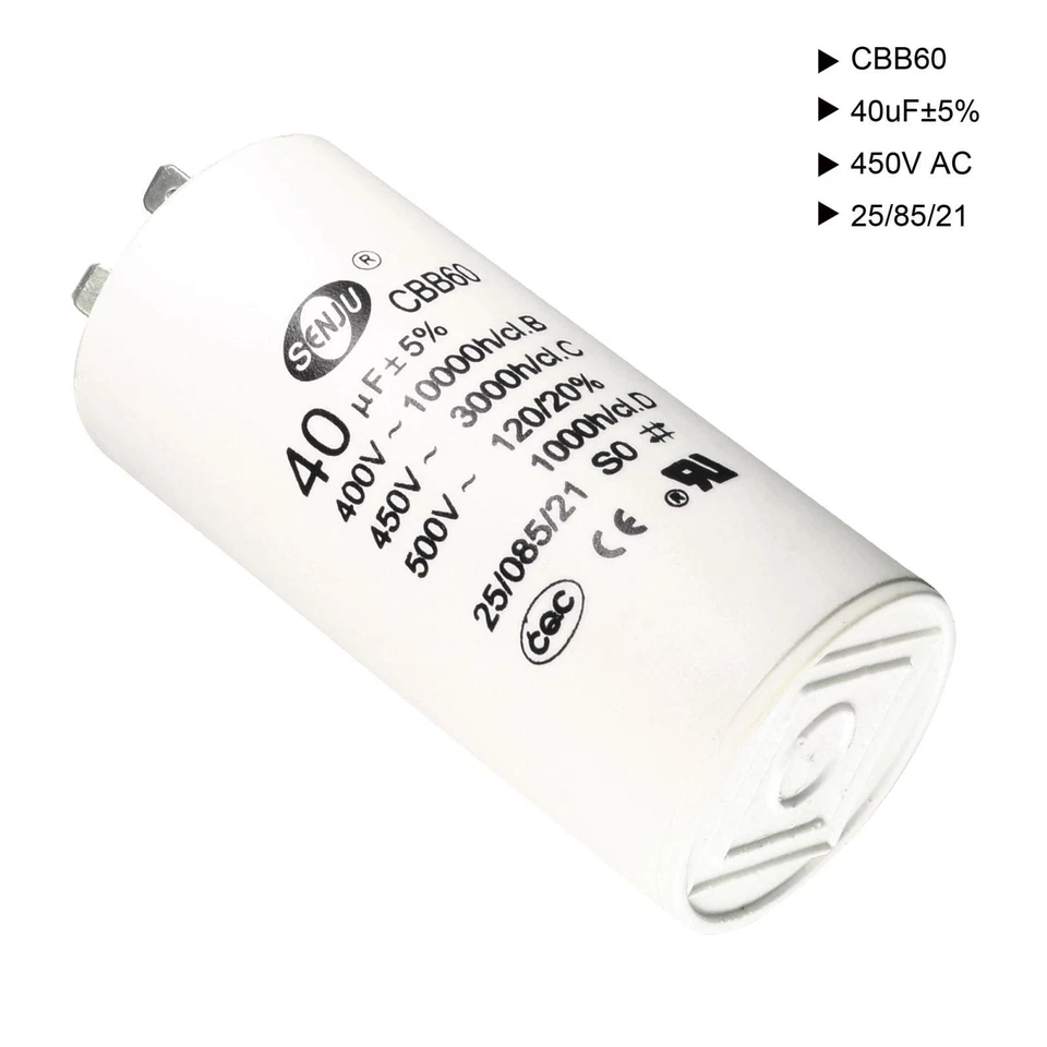 CBB60 Run Capacitor 40uF 450V AC Double Insert 50/60Hz Cylinder 94x45mm White - Image 4 of 4