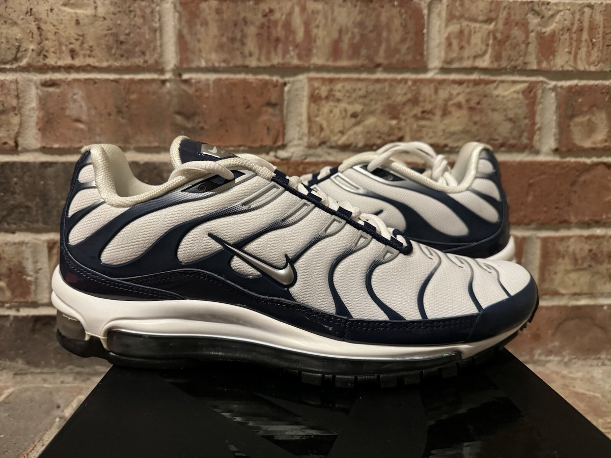 New 10 Nike Air Max 97 Plus Silver Shark White Navy Blue Metallic