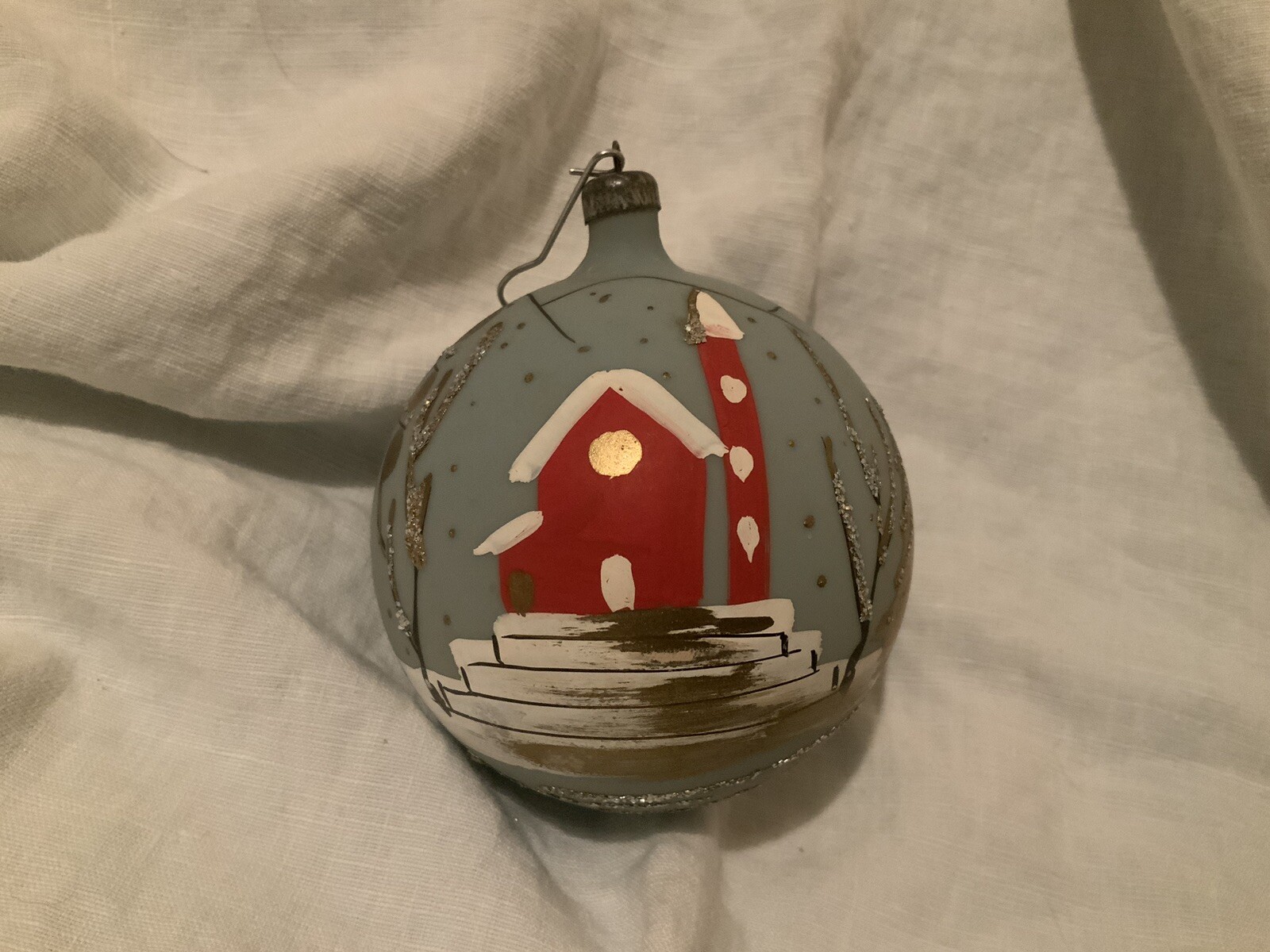 1950’s Vintage Hand Painted Glass Christmas Ball Ornament Snow Church