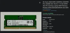 SK-Hynix 8GB DDR5 5600MHz SODIMM PC5-5600B-SC0 1Rx16 1.1V SO-DIMM 262-Pin Gaming