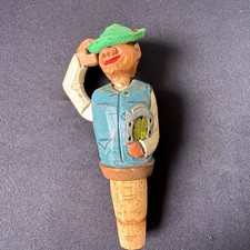 Vintage Hand Carved Wooden Wine Mechanical Bottle Stopper Folk Art Man Cork