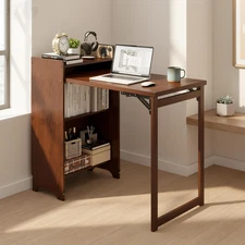 Bamboo Folding Desk with Storage Foldable Computer Desk for Small Space Mid Cent