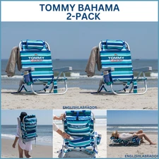 2-pack Tommy Bahama Beach Chair, Reclining, Backpack Straps, Blue Stripe, NEW