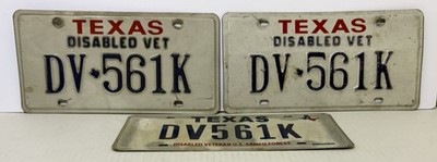 2 Vintage TEXAS License Plate Set -DISABLED VET- Steel + 1 More Matching Numbers
