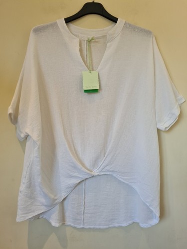 Italienisches Lagenlook Top gewaschenes Leinen V-Ausschnitt hoch niedrig gerafft Tunika One Size UK 10-14