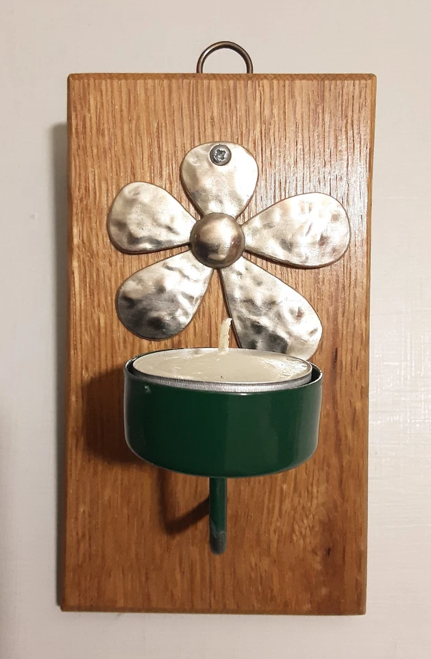 Reclaimed Hardwood Candle Sconce. Oak. Silver Flower. Sun. Votive. Tealight. - Image 2 of 4