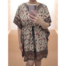Boho Paisley Print V-Neck Kaftan Dress Short Caftan Drawstring Waist One Size