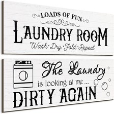 Jetec 2 Pieces Laundry Room Wooden Signs Rustic Family Farmhouse Wall White