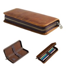Genuine Leather Pencil Case Organizer Storage Stationery Pouch Zipper Pen Bag