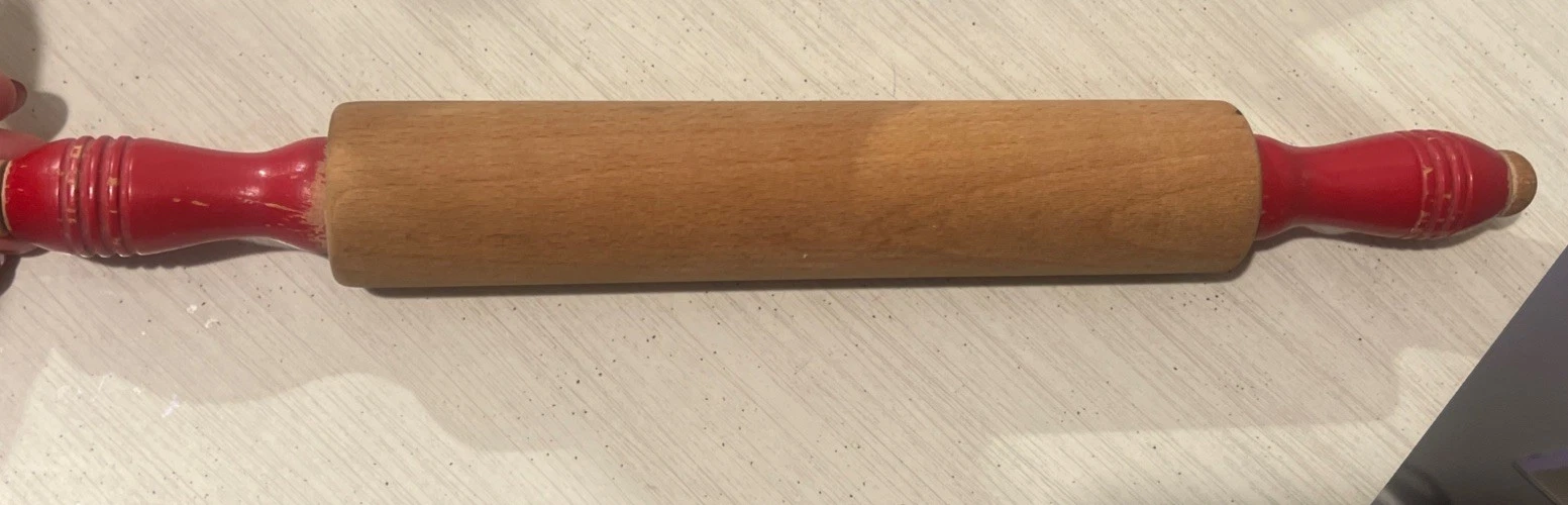 Vintage❤️ Natural Wood with red handles 15 1/2 Rolling Pin