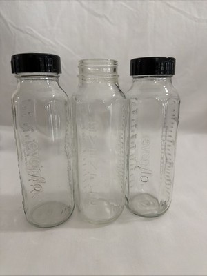 3 Vintage Evenflo Glass Baby Bottle 8 Ounce Infant Feeding 2 Lids