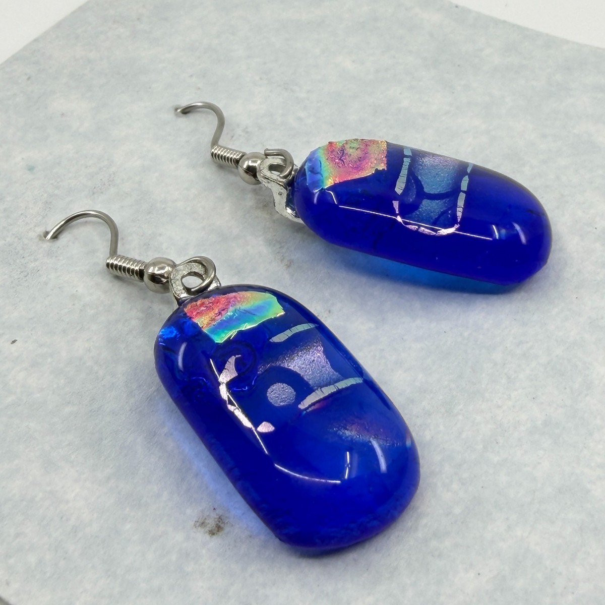 Sunlight Art Glass Blue Dichroic Kilnformed Glass Dangle Earrings Alaska Artisan View 5