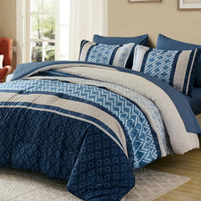 7-Piece Blue Boho Queen Comforter Set - Soft Microfiber Bedding in a Bag