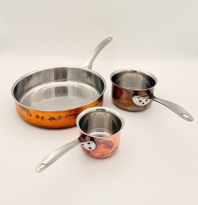 Vintage Kupfer Pfannen Set Høyang Polaris Norway  3er Set mit Patina Geschirr