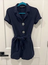 Zara Women's Navy Blue Playsuit-romper Size Medium Button Tie Waist Industrial