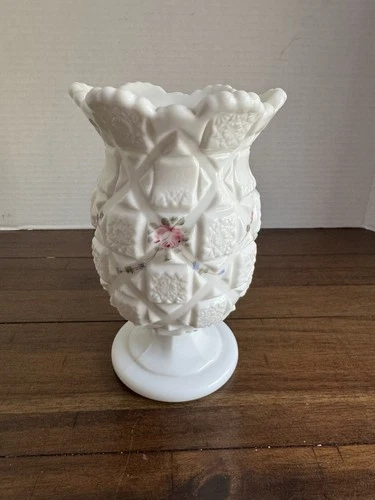 Vintage Westmoreland Old Quilt Handpainted Roses Milk Glass Celery Vase 6.5"