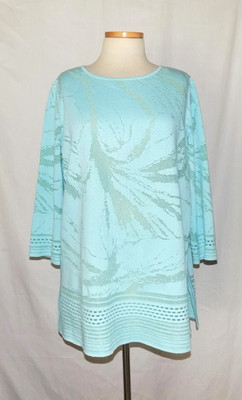 Ming Wang Burnout Floral w/Pointelle Detail Knit Tunic Top 3/4 Slv Aqua Blue L