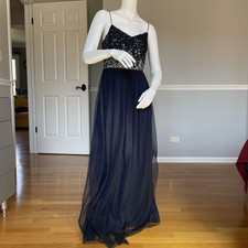 Adrianna Papell Spaghetti Strap Dress Sz 2 Ombre Navy Blue Sequin Maxi Tulle