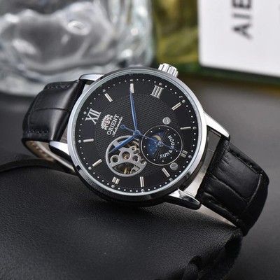 Orient Sun & Moon Semi Skeleton Automatic Watch Men's Leather Strap Luxury Gift