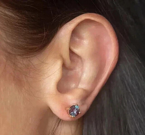 1.5Ct Round Cut Lab Created Alexandrite Solitaire Stud Earrings Rose Gold Plated - Picture 3 of 7