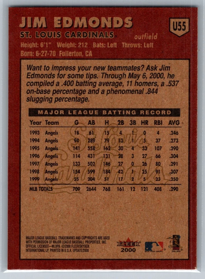 2000 FLEER TRADITION UPDATE BASEBALL U55 JIM EDMONDS CARDINALS - Image 2 of 2