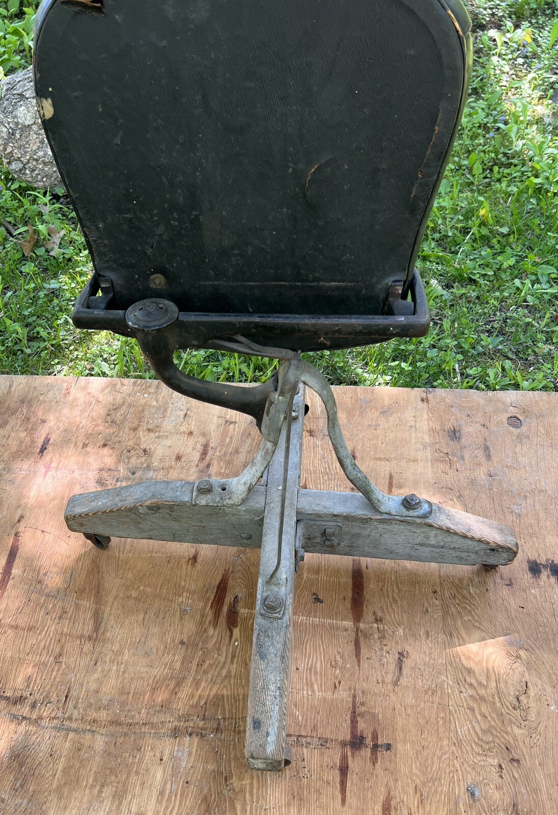 Antique Industrial Cast Iron Folding Chair On Wheels Folk Art Railroad Train Car