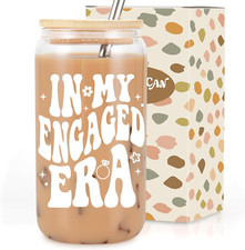 16Oz in My Engaged Era Glass Cups with Lids  Straws - Engagement Gifts