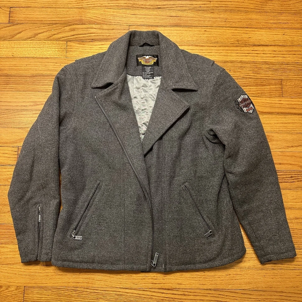 Blazer grande bordado gris chaqueta motera de lana Harley Davidson vintage para mujer Foto 2 de 4