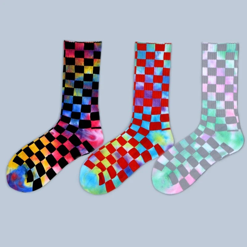 2 Pairs Tie Dye Checkerboard Crew Socks Colorful Streetwear Unisex Plaid Pattern - Image 4 of 4