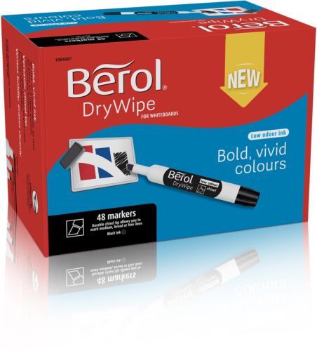 Berol DryWipe Whiteboard Marker Pens   Chisel Tip   Black Low-Odour Ink   48 Cou - Foto 1 di 4