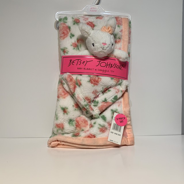 Betsey Johnson Baby Blanket & Snuggle Toy Bunny and Roses 30" x 36