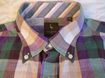 Tailorbyrd Shirt Men's 2XL Purple Green Madras Plaid Pocket Long Sleeve Flamingo