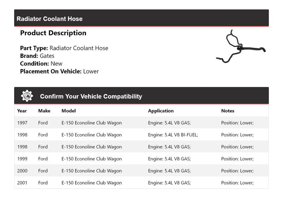 For 1997-2001 Ford E-150 Econoline Club Wagon Radiator Coolant Hose Lower Gates - Image 2 of 4