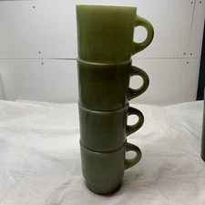 Vintage Fire King Stackable Coffee Cup Mug Avocado Green Dark and Light (4)