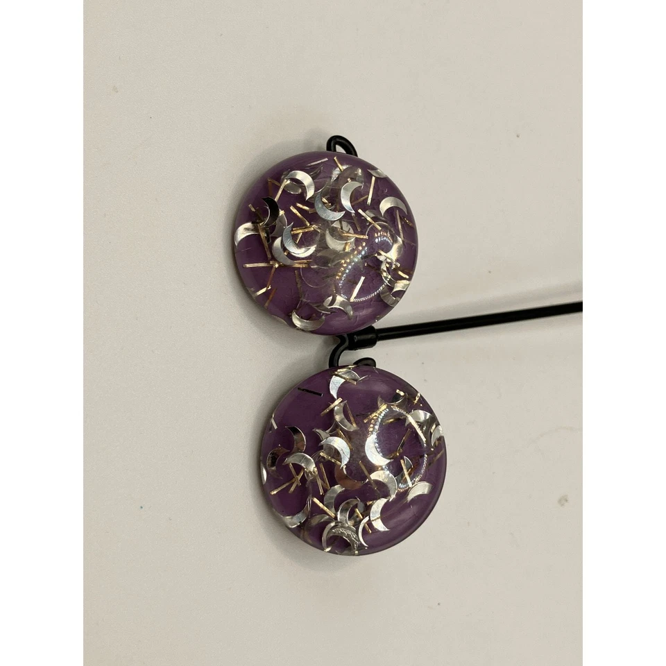 Vintage Purple Resin Encased Silver-Tone Metal and Wood Clip-On Earrings! - Image 2 of 4