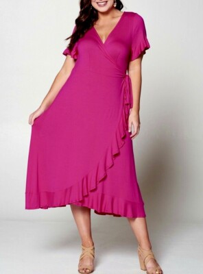 Emerald Stretch Wrap Ruffle Midi Dress w/ Flutter Sleeves Hot Pink Plus 1X 2X | eBay Emerald Stretch Wrap Ruffle Midi Dress w/ Flutter Sleeves Hot Pink Plus 1X 2X | eBay