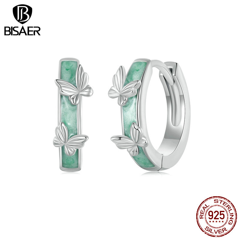 Bisaer 925 Sterling Silver Green Butterfly Hoop Earrings Jewelry For Women Gifts