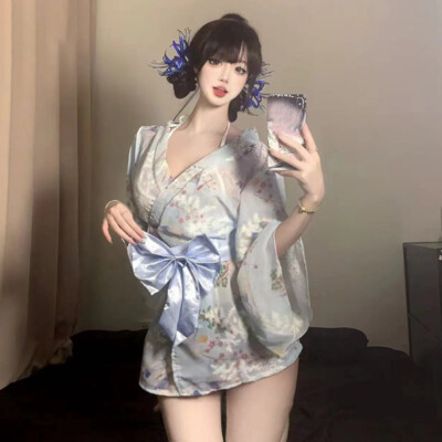 Japanese Women Kimono Floral Sleepwear Bathrobe Nightrobe Sexy Lingeries Bowknot
